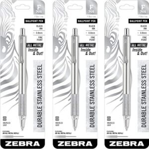 3 - Zebra F-701 Ballpoint Pens, Stainless Steel with Knurled Grip, Pk of 3 Pens